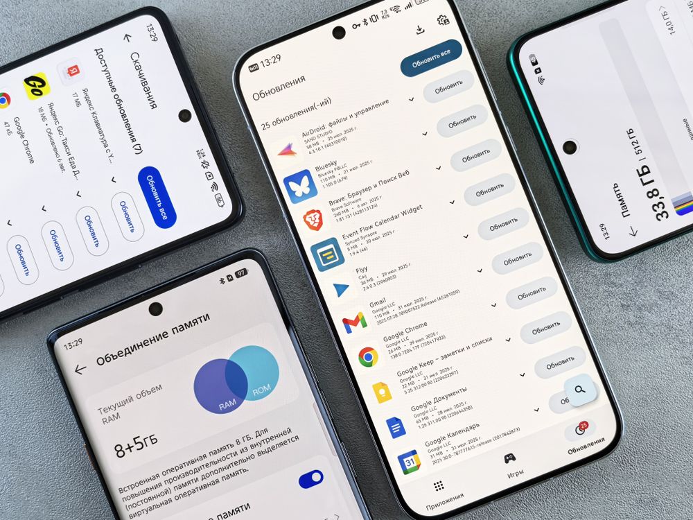 Top view of various smartphones showcasing app update screens indoors.